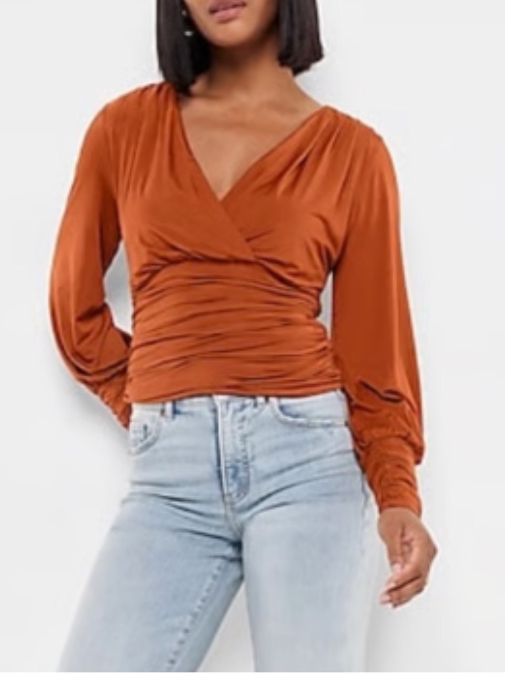 Express Rust Silky V-Neck Ruched Top - Picture 2 of 7